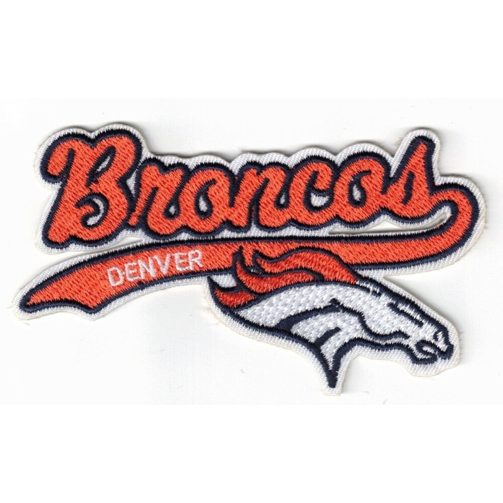 Denver Broncos Script Team Logo NFL Embroidered 4in Iron / Sew-On Patch